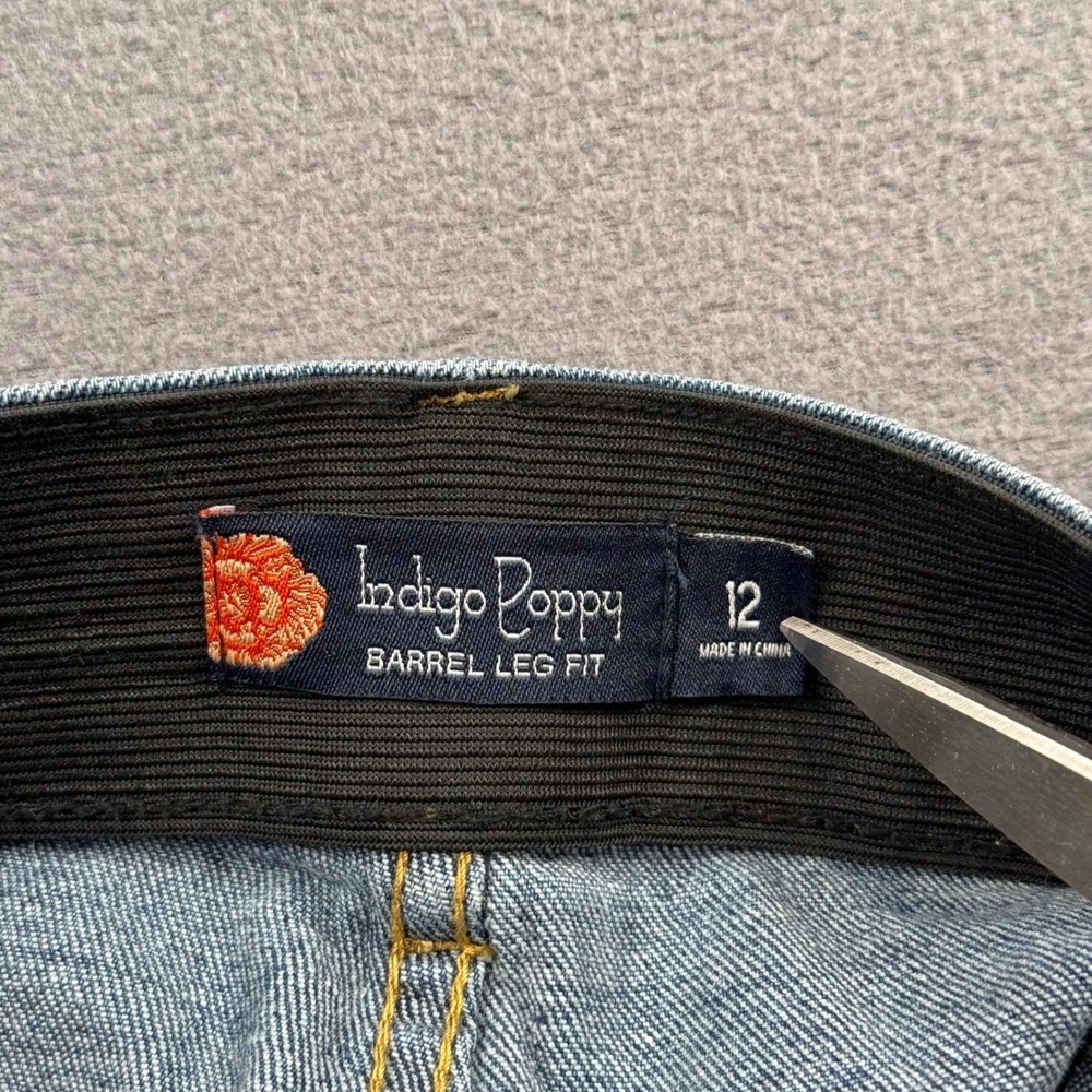 Indigo Poppy Elastic Waist Barrel Leg Jeans Medium Wash Size 12 EUC - Picture 3 of 12